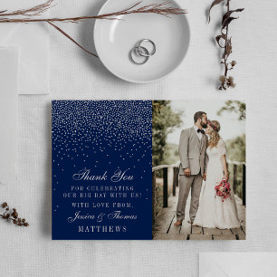 Carte De Remerciements Photo de mariage Navy Blue & Glam Silver Confetti