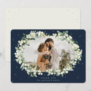 Carte De Remerciements Photo de mariage Navy/Crème Snowberry + Eucalyptus