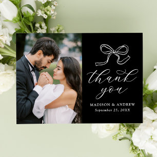 Carte De Remerciements Photo de mariage noir et blanc avec un élégant nœu