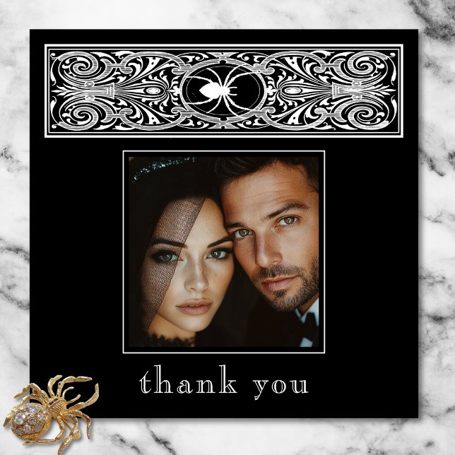Carte De Remerciements Photo de mariage noir et blanc d'araignée gothique (Gothic Spooky Spider Black White Wedding Photo Thank You Card)