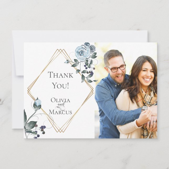 Carte De Remerciements Photo de mariage remerciements  |  Floral bleu pou (Devant)