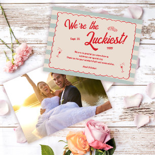 Carte De Remerciements Photo de mariage rétro avec écriture rouge et rayu