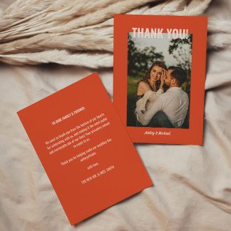 Carte De Remerciements Photo de mariage rétro rouge vif et beige