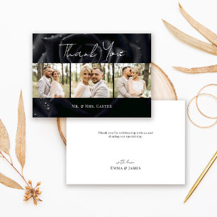 Carte De Remerciements Photo de mariage Rose de Minuit Noir Floral Élégan