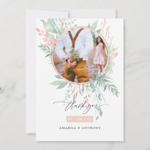 Carte De Remerciements Photo de mariage rose pastel et verdure