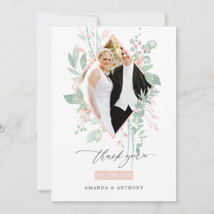 Carte De Remerciements Photo de mariage rose pastel et verdure