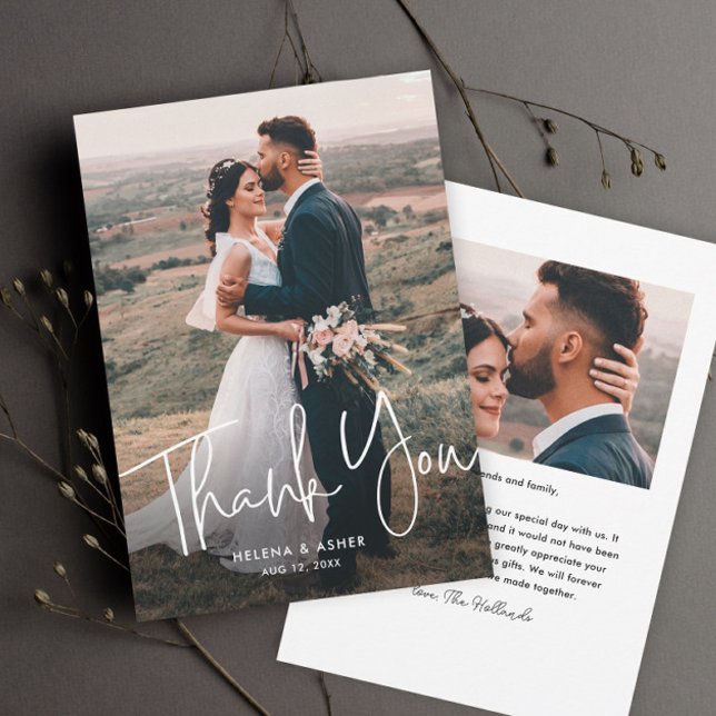 Carte De Remerciements Photo de mariage simple écriture moderne (Simple wedding photo thank you card with overlay typography in white.)