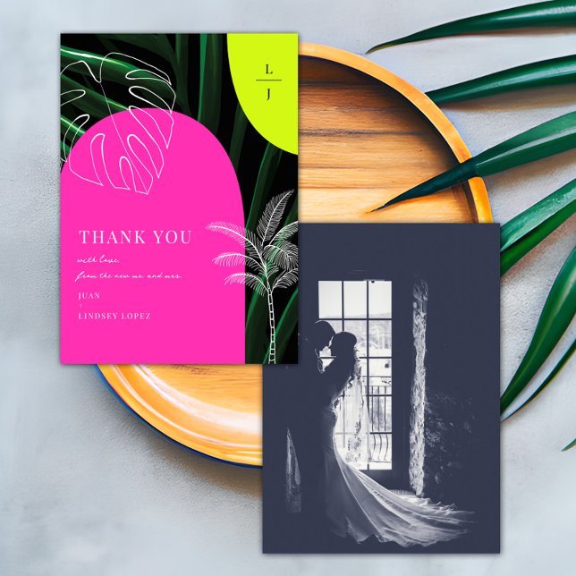 Carte De Remerciements Photo de mariage tropical avec arches néon Monogra (Créateur téléchargé)
