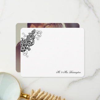 Carte De Remerciements Photo de mariage vintage noir à motif floral bohèm