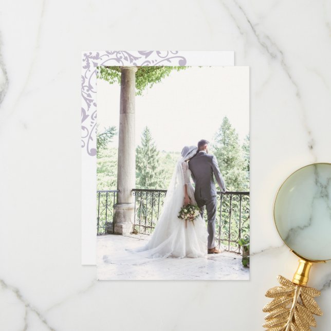 Carte De Remerciements Photo de mariage violet Fleur de Lis de la Régence (Devant/Arrière en situation)