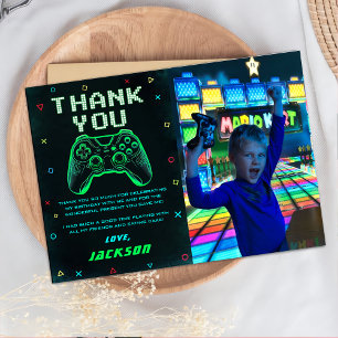 Carte De Remerciements Photo de naissance avec jeu vidéo d'arcade vert né