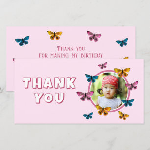 Carte De Remerciements Photo de naissance avec motif de papillon rose mig