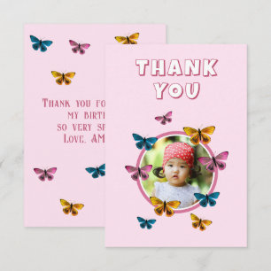Carte De Remerciements Photo de naissance avec motif de papillon rose mig