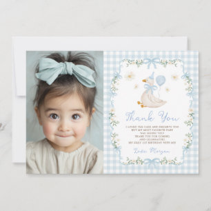 Carte De Remerciements Photo de naissance de Blue Gingham One Silly Goose