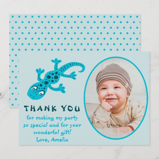 Carte De Remerciements Photo de naissance enfant lézard gecko bleu Mignon (Devant / Derrière)