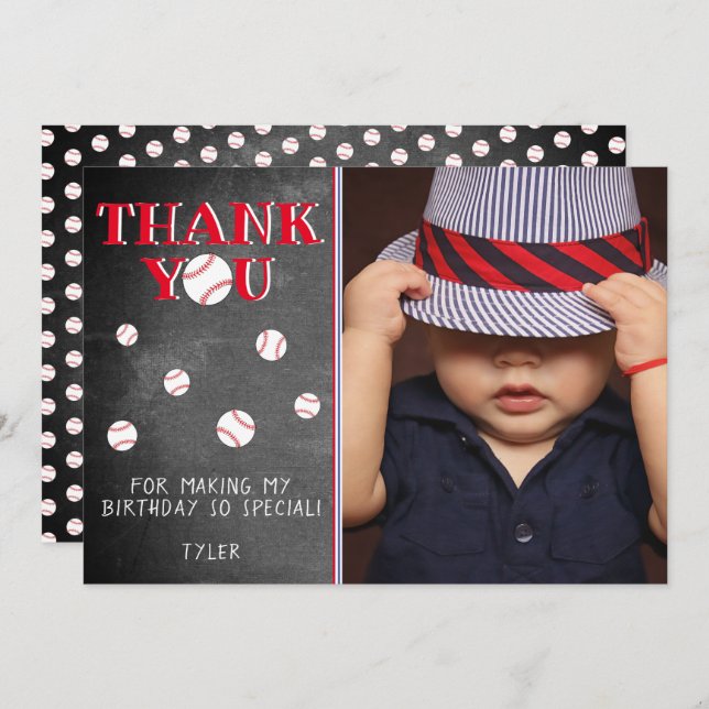 Carte De Remerciements Photo de naissance Sport Planche à craie Balle de  (Devant / Derrière)