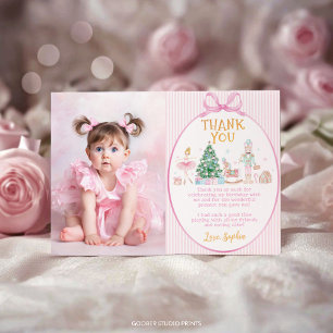 Carte De Remerciements Photo de Noël d'anniversaire au noeud rose de Cass