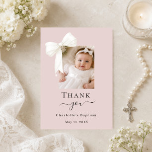 Carte De Remerciements Photo de noeud de baptême rose poudré blush