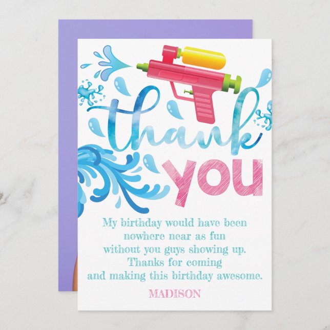 Carte De Remerciements Photo de pistolet à eau pour fête d'anniversaire d (Devant / Derrière)