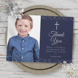 Carte De Remerciements Photo de première communion bleu marine argent