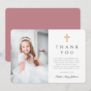 Carte De Remerciements Photo de première communion de fille de croix mode