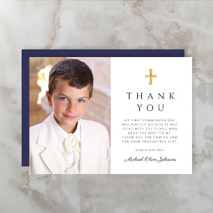 Carte De Remerciements Photo de première communion du Garçon de Croix Ble