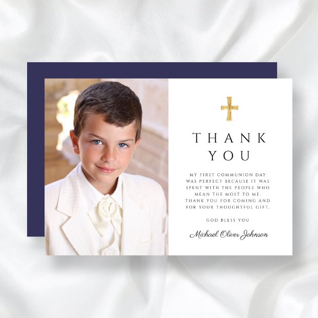 Carte De Remerciements Photo de première communion du Garçon de Croix Ble (Modern Navy Blue Cross Boy First Communion Photo Thank You Card)
