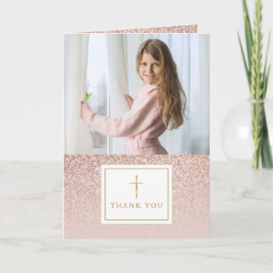 Carte De Remerciements Photo de première communion scintillant en or rose