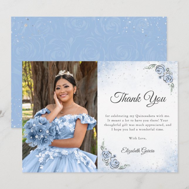 Carte De Remerciements Photo de Quinceañera en bleu clair et argent princ (Devant / Derrière)