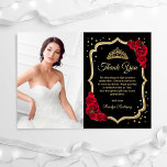 Carte De Remerciements Photo de Quinceanera en or rouge noir<br><div class="desc">Carte de remerciements de célébration de la Quinceanera en or rouge noir. Caractéristiques police script,  roses rouges,  tiara et or parties scintillant. Design élégant avec votre photo. Parfait pour une élégante célébration de glamour de style princesse.</div>