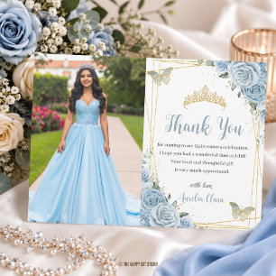 Carte De Remerciements Photo de Quinceañera papillon doré floral bleu béb