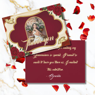 Carte De Remerciements Photo de Quinceañera rouge Bourgogne et or