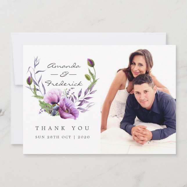 Carte De Remerciements Photo de remerciement de mariage floral violet coq (Devant)