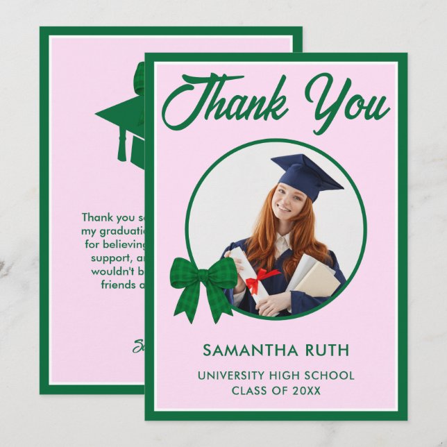 Carte De Remerciements Photo de remise de diplôme avec nœud en vichy vert (Devant / Derrière)