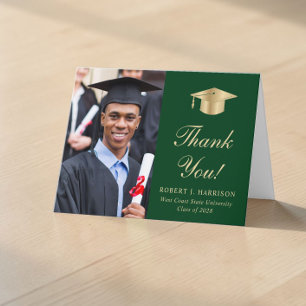 Carte De Remerciements Photo de remise de diplôme verte et élégante avec 