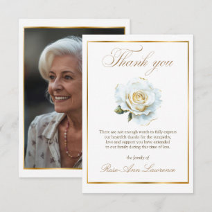 Carte De Remerciements Photo de rose blanche or élégante pour funérailles
