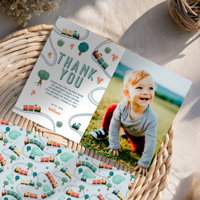 Carte De Remerciements Photo de train mignon pour l'anniversaire des garç (Créateur téléchargé)