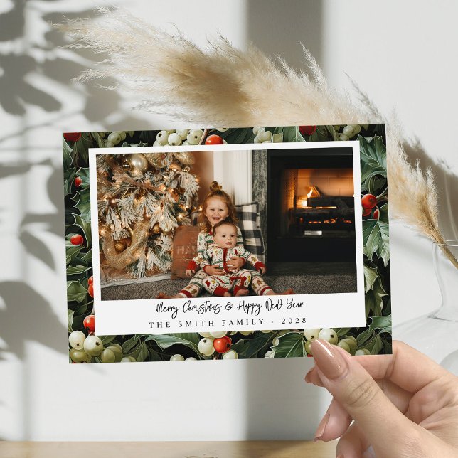 Carte De Remerciements Photo de vacances Green Holly traditionnelle (Créateur téléchargé)