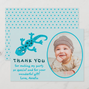 Carte De Remerciements Photo d'enfant de lézard gecko bleu mignon Anniver