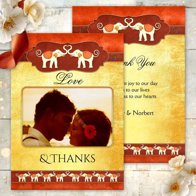 Carte de remerciements photo des éléphants indiens (Wedding Thank You card featuring your own photo framed by a unique design with ivory elephants)