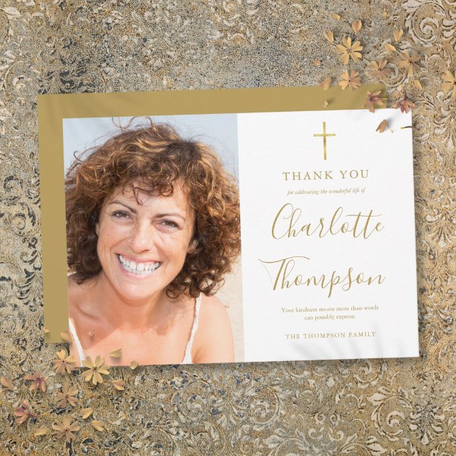 Carte de remerciements photo des funérailles commé (Gold Cross Christian Memorial Funeral Photo Thank You Card)