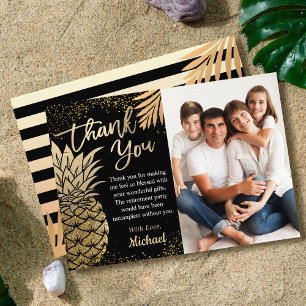 Carte De Remerciements Photo d'été moderne Black Tropical Gold Pineappy