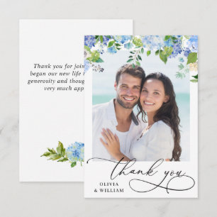 Carte De Remerciements Photo d'hortensia bleu à l'aquarelle élégante