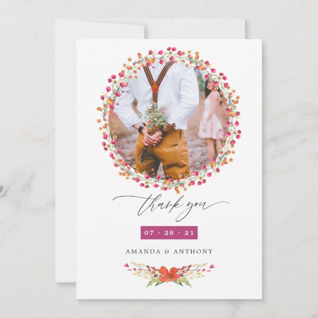 Carte De Remerciements Photo du Mariage Fleur sauvage d'Aquarelle (Devant)