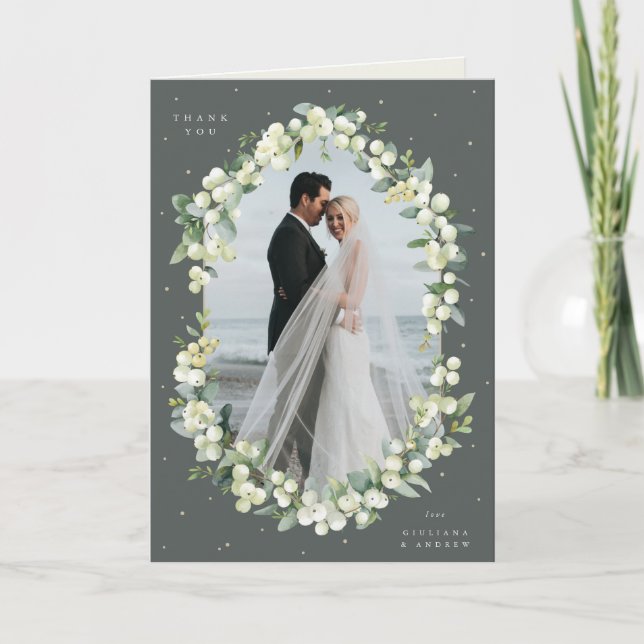 Carte De Remerciements Photo du Mariage Green Snowberry+Eucalyptus (Devant)