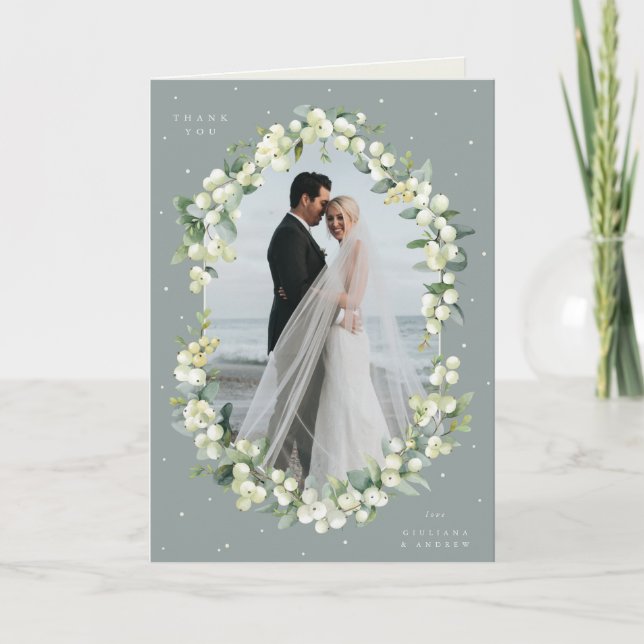 Carte De Remerciements Photo du Mariage Green Snowberry+Eucalyptus (Devant)