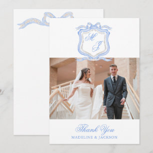 Carte De Remerciements Photo du Monogramme bleu du concepteur d'aquarelle