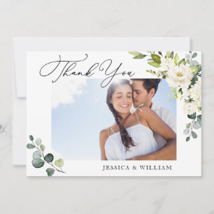 Carte De Remerciements PHOTO Elégant Eucalyptus Roses Blanches Floral