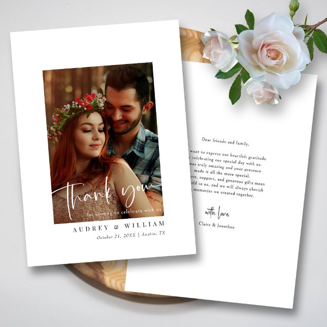 Carte De Remerciements Photo élégante signature blanche et noire (Elegant White & Black Signature Photo Wedding Thank You Card )