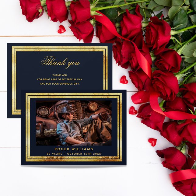 Carte de remerciements photo en or bleu marine (Créateur téléchargé)